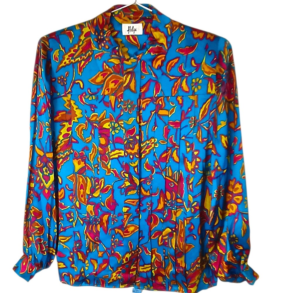 Vintage Helga 100% Silk Blouse Women Blue Floral Abstract Print Turquoise Pleats